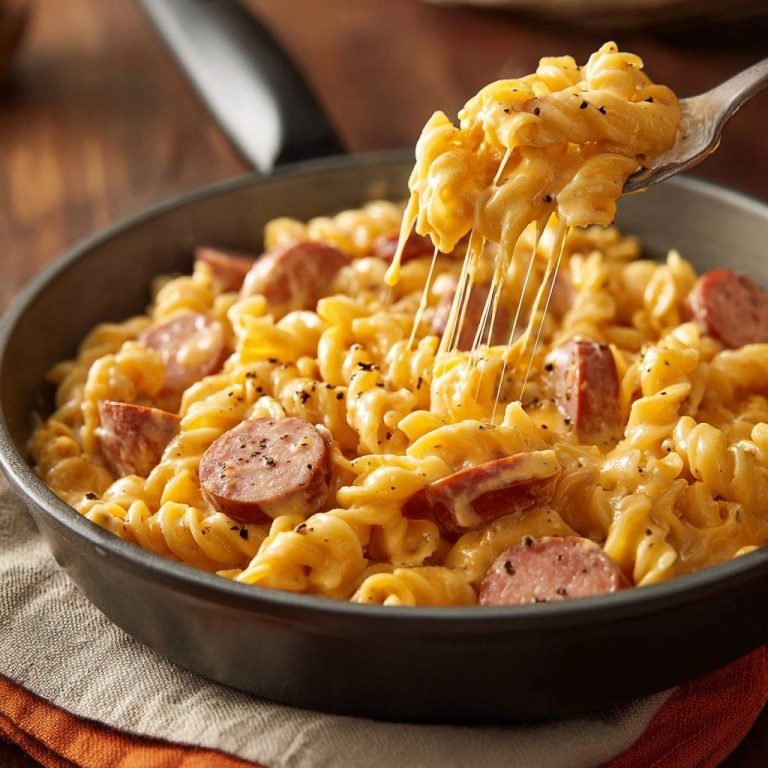 Cremige Käsemakaroni mit Würstchen, die aus einer Gabel gezogen werden und dabei Fäden ziehen.
