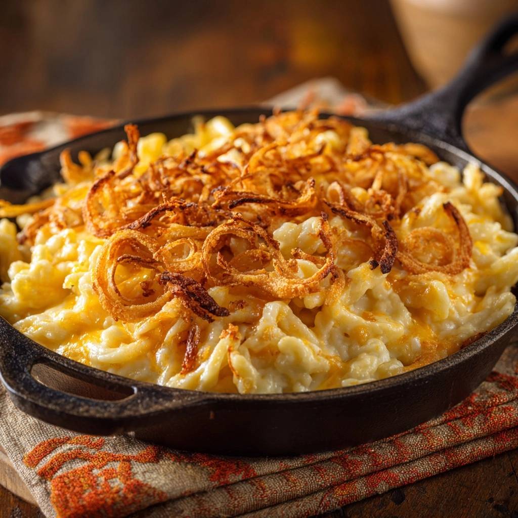Cremiger Kartoffel-Käse-Auflauf mit Zwiebelringen, serviert in einer Gusseisenpfanne mit knusprigen Zwiebelringen als Garnitur.