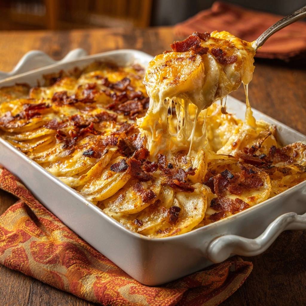 Cremiger Kartoffel-Speck-Gratin mit herausgezogenem, geschmolzenem Käse auf einem Löffel.