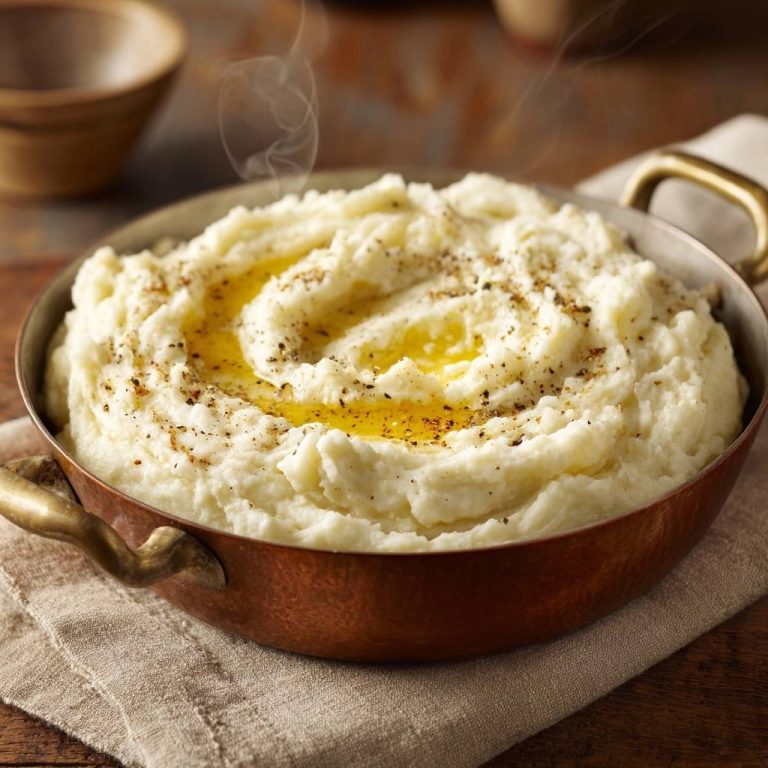 Cremiges Kartoffelpüree mit Butter und Pfeffer, dampfend heiss in einer Kupferschüssel serviert.