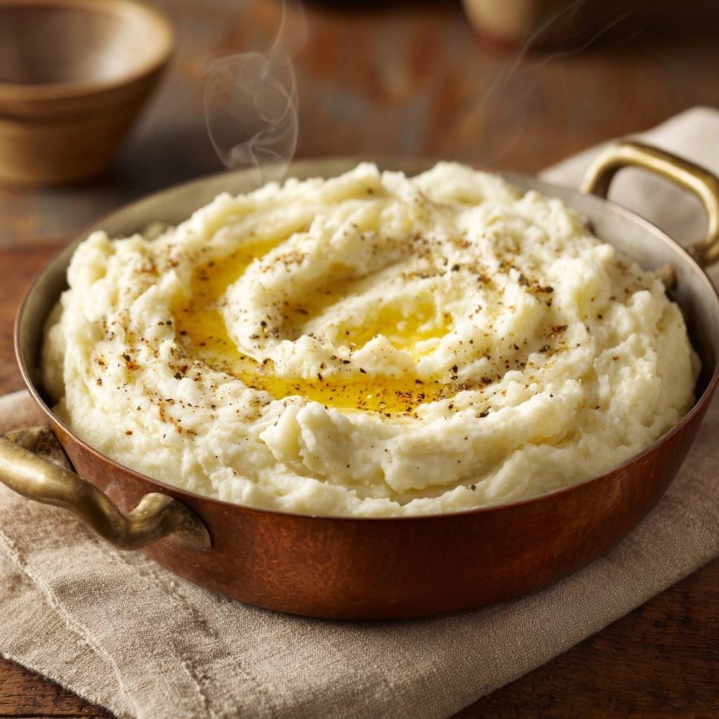 Cremiges Kartoffelpüree mit Butter und Pfeffer, dampfend heiss in einer Kupferschüssel serviert.