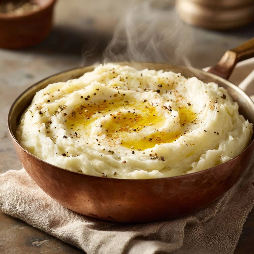 Cremig Kartoffelpree Mit Butter Und Pfeffer 1 Cremiges Kartoffelpüree mit Butter und Pfeffer, dampfend und serviert in einer Kupferschüssel mit Gewürzen bestreut.