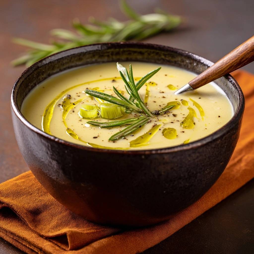 Cremig Lauch Rosmarin Suppe Ganz Nah 1 Cremige Lauch-Rosmarin-Suppe mit Rosmarin garniert und einem Schuss Olivenöl, ganz nah aufgenommen.