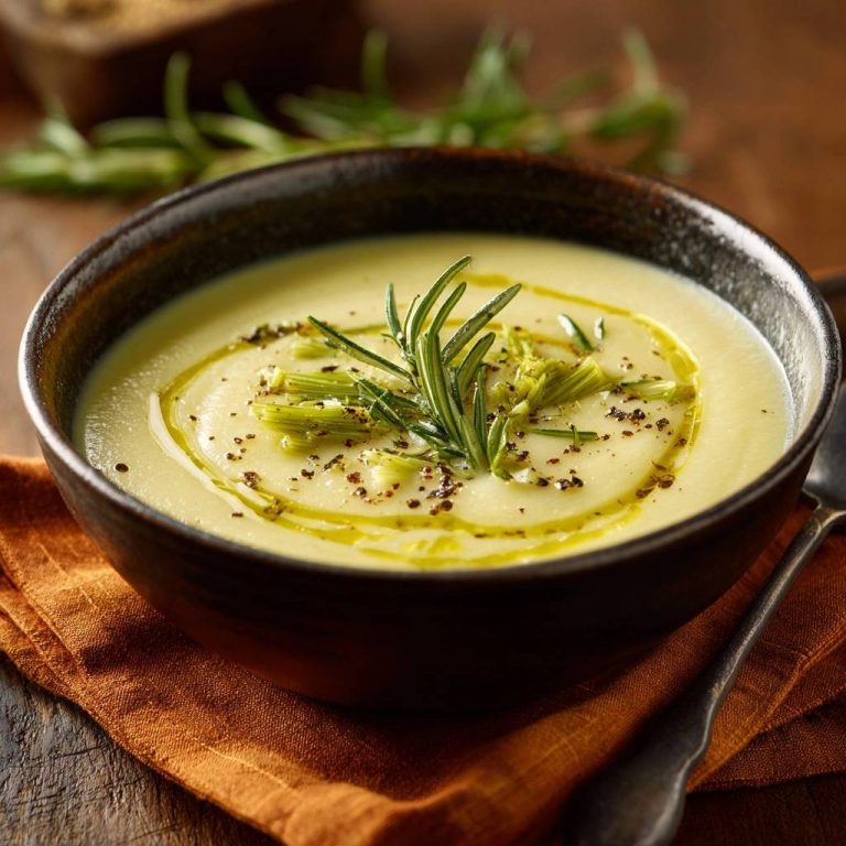 Cremige Lauch-Rosmarin-Suppe, garniert mit frischem Rosmarin und Olivenöl, serviert in einer dunklen Schüssel.