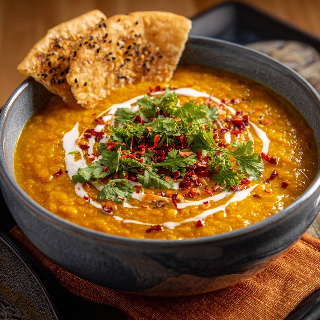 Cremiges Masoor Dal mit Sesam-Naan, garniert mit Koriander und Chili-Flocken, in einer Schüssel serviert
