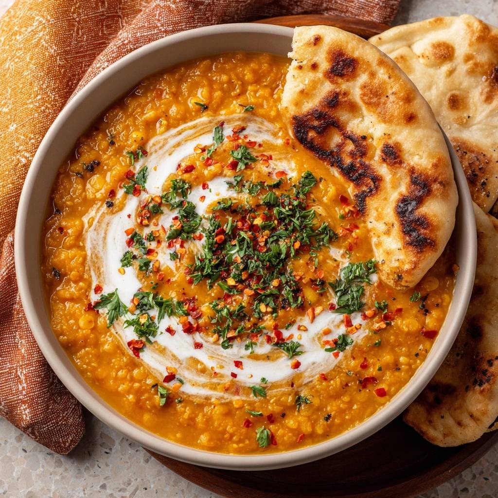 Cremiges Masoor Dal mit Naan, garniert mit frischen Kräutern und Chiliflocken, mit einem Klecks Sahne.