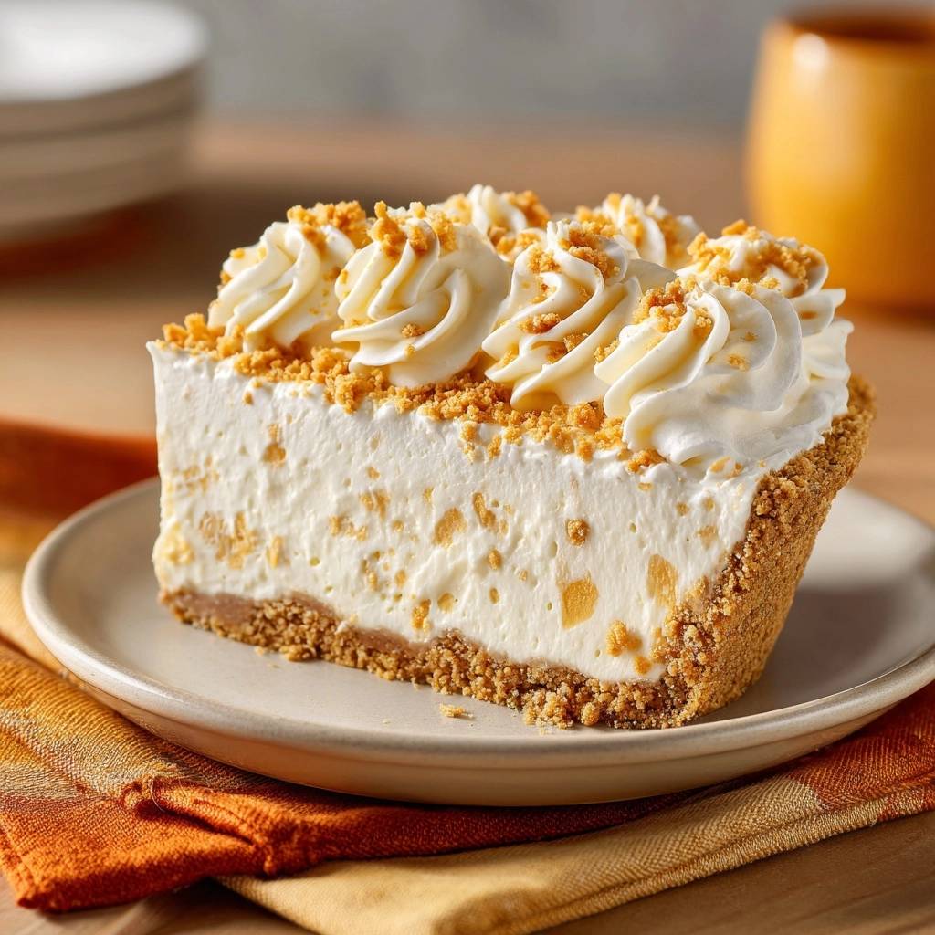 Cremiger No-Bake Käsekuchen angeschnitten auf einem Teller, mit Sahnetupfern und Keksbröseln garniert.