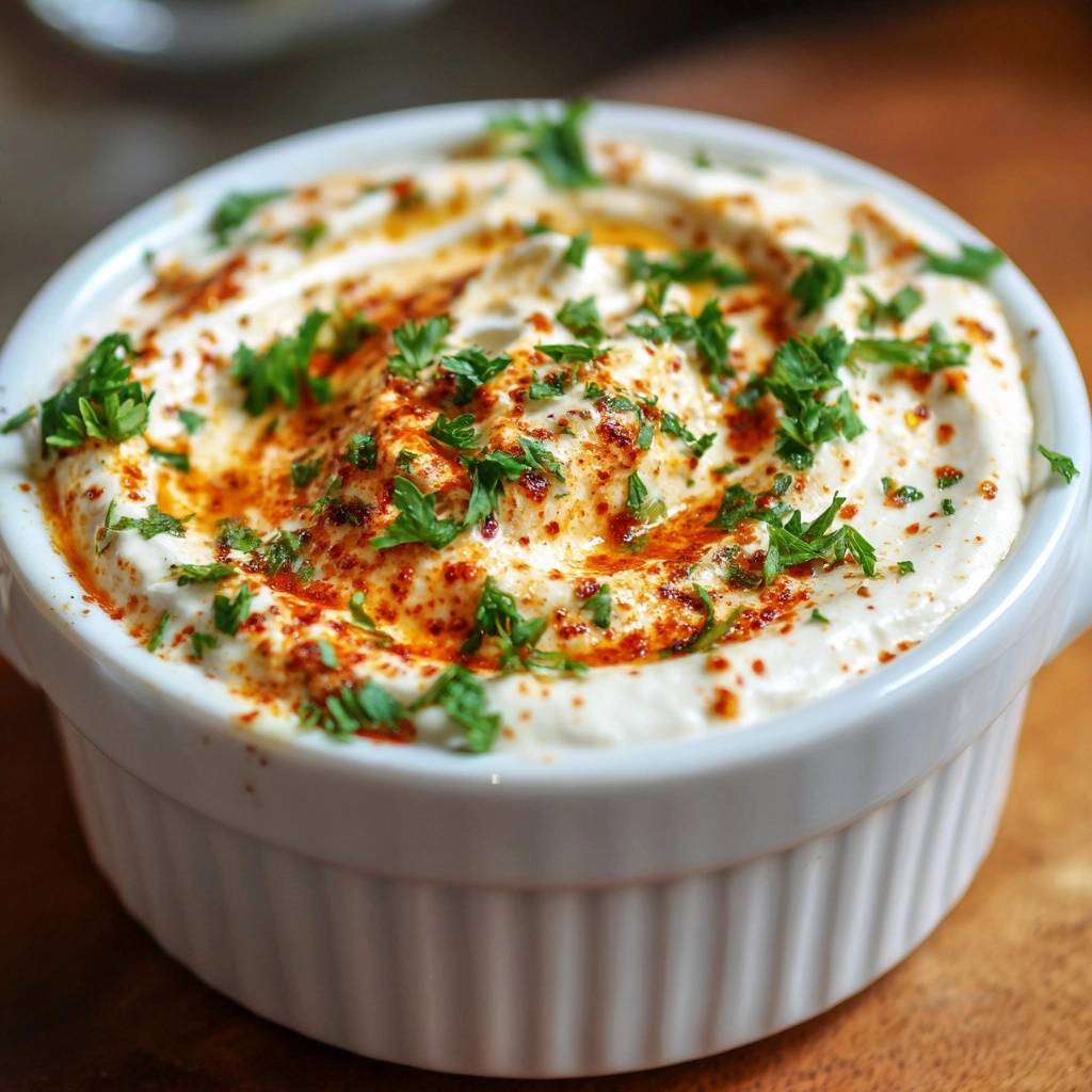 Cremiger Petersilien-Joghurt-Dip, garniert mit Paprikapulver und frischer Petersilie in einer weißen Schüssel