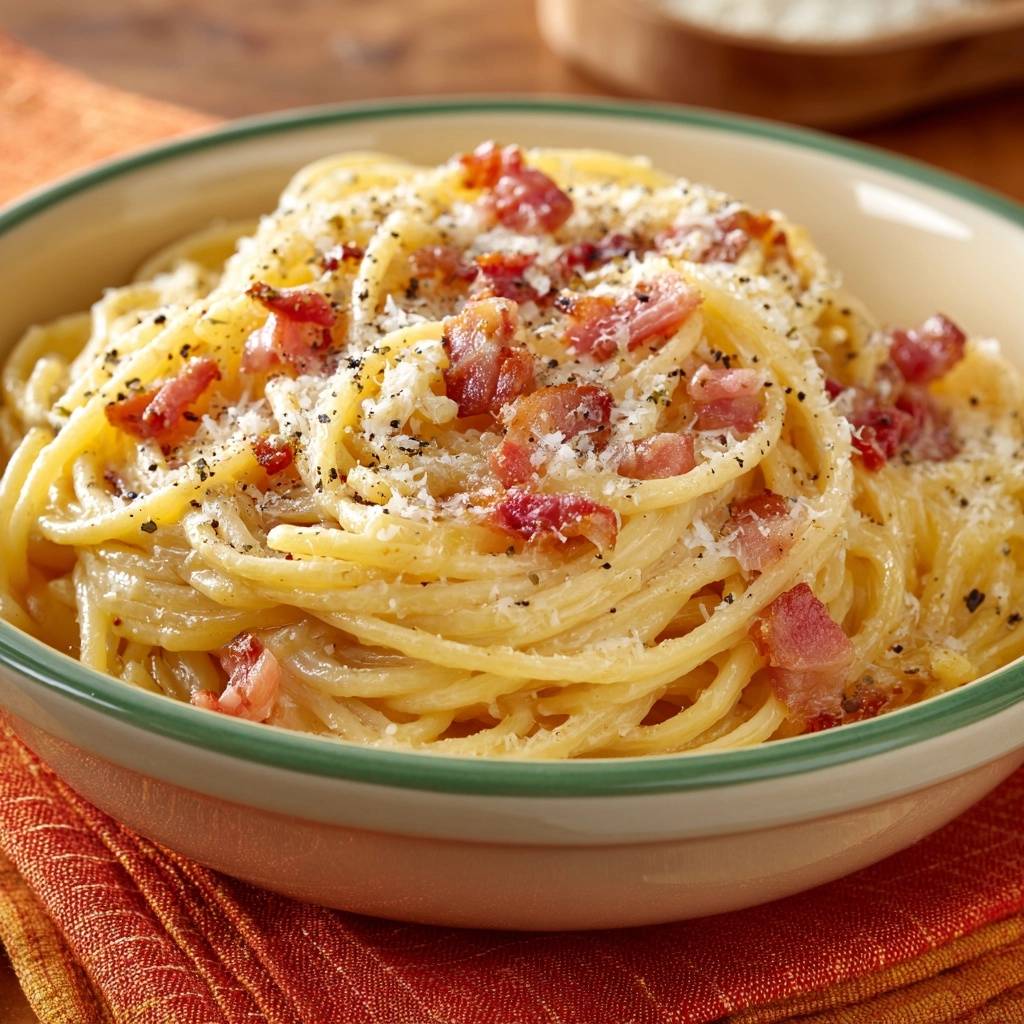 Cremige Spaghetti Carbonara mit Bacon, eine Nahaufnahme der Nudeln mit Speckstücken und geriebenem Parmesan.