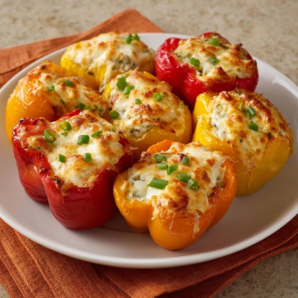 Cremig Ueberbackene Paprika Detail Garnitur 1 Cremig überbackene Paprika, rot und gelb, mit geschmolzenem Käse und frischen Frühlingszwiebeln garniert, serviert auf einem Teller.