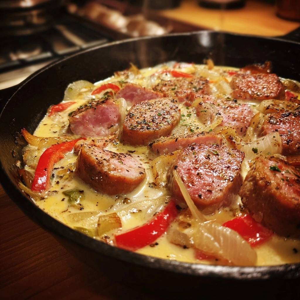 Cremige Wurst-Paprika-Pfanne als Nahaufnahme in einer gusseisernen Pfanne mit viel Sauce und Gewürzen.