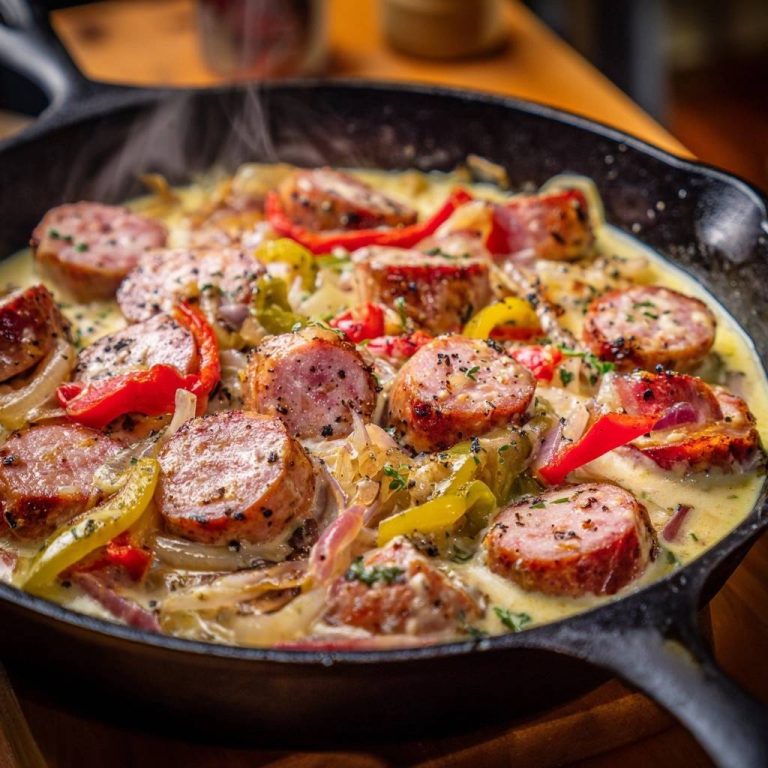 Cremige Wurst-Paprika-Pfanne mit viel Sauce, nahaufnahme des dampfenden Gerichts in einer gusseisernen Pfanne.