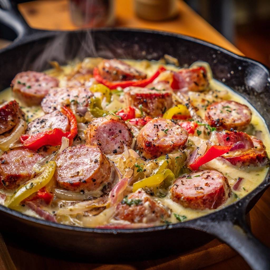 Cremige Wurst-Paprika-Pfanne mit viel Sauce, nahaufnahme des dampfenden Gerichts in einer gusseisernen Pfanne.