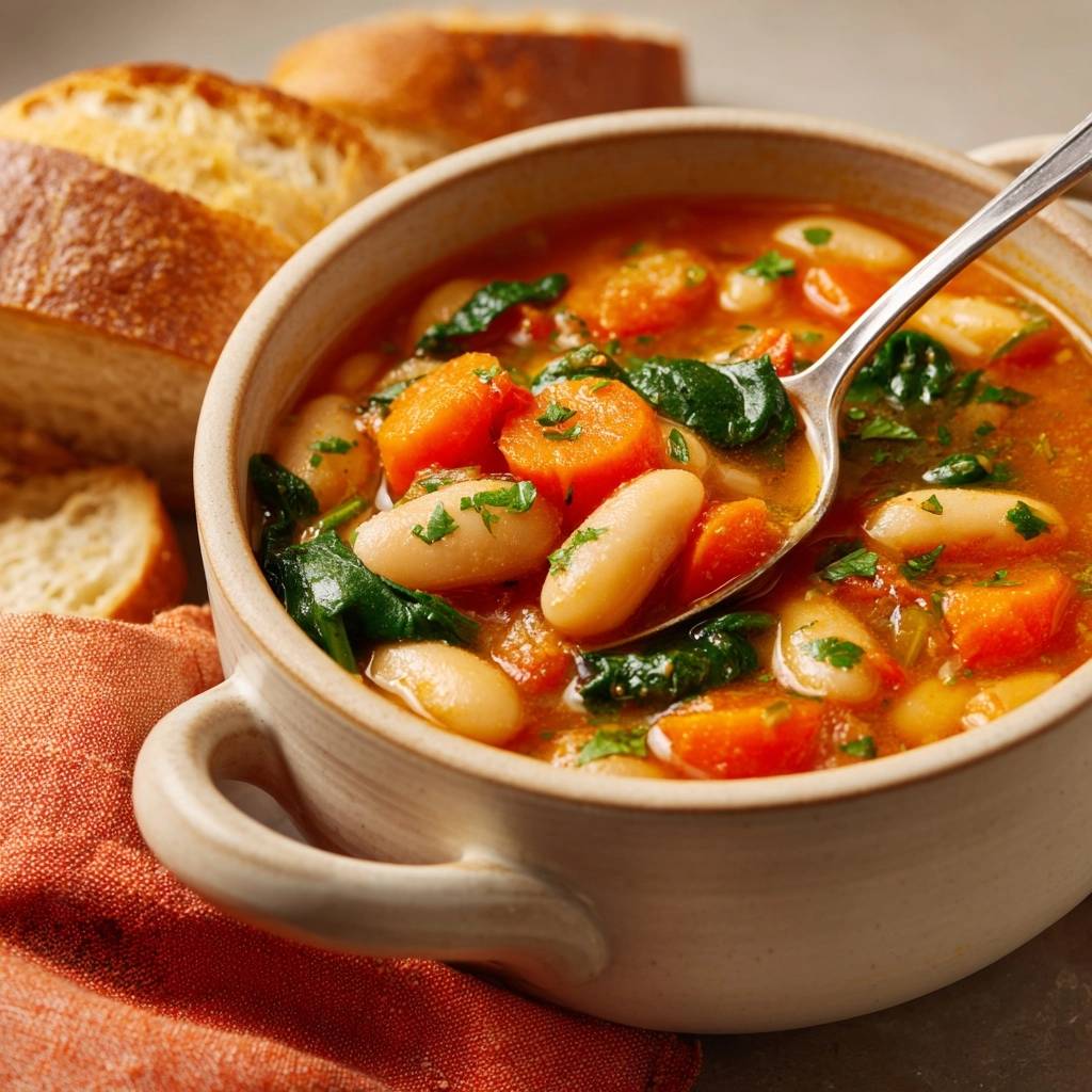Cremige Bohnensuppe mit Karotten und Spinat, eine Nahaufnahme zeigt die herzhaften weißen Bohnen und Gemüsestücke.