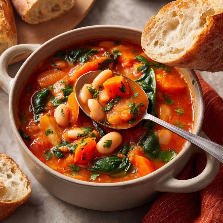 Cremige Bohnensuppe mit Karotten & Spinat, mit einem Löffel voller Bohnen und Karotten nah aufgenommen.