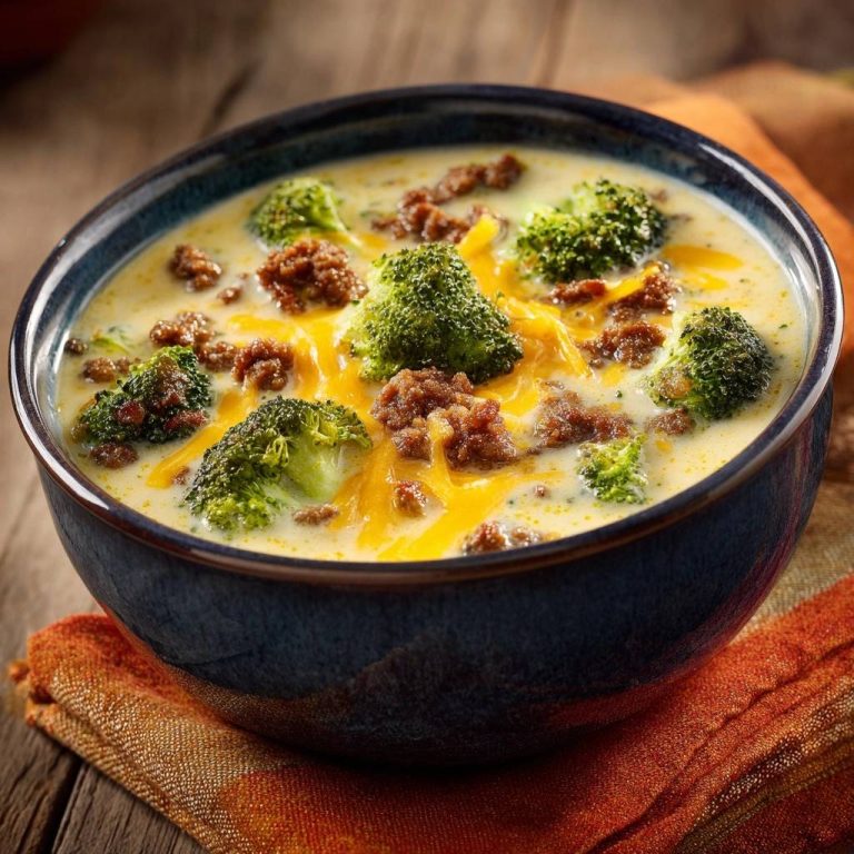 Cremige Brokkoli-Käsesuppe mit Hack, eine Nahaufnahme der reichhaltigen Suppe mit Brokkoliröschen und geschmolzenem Käse.