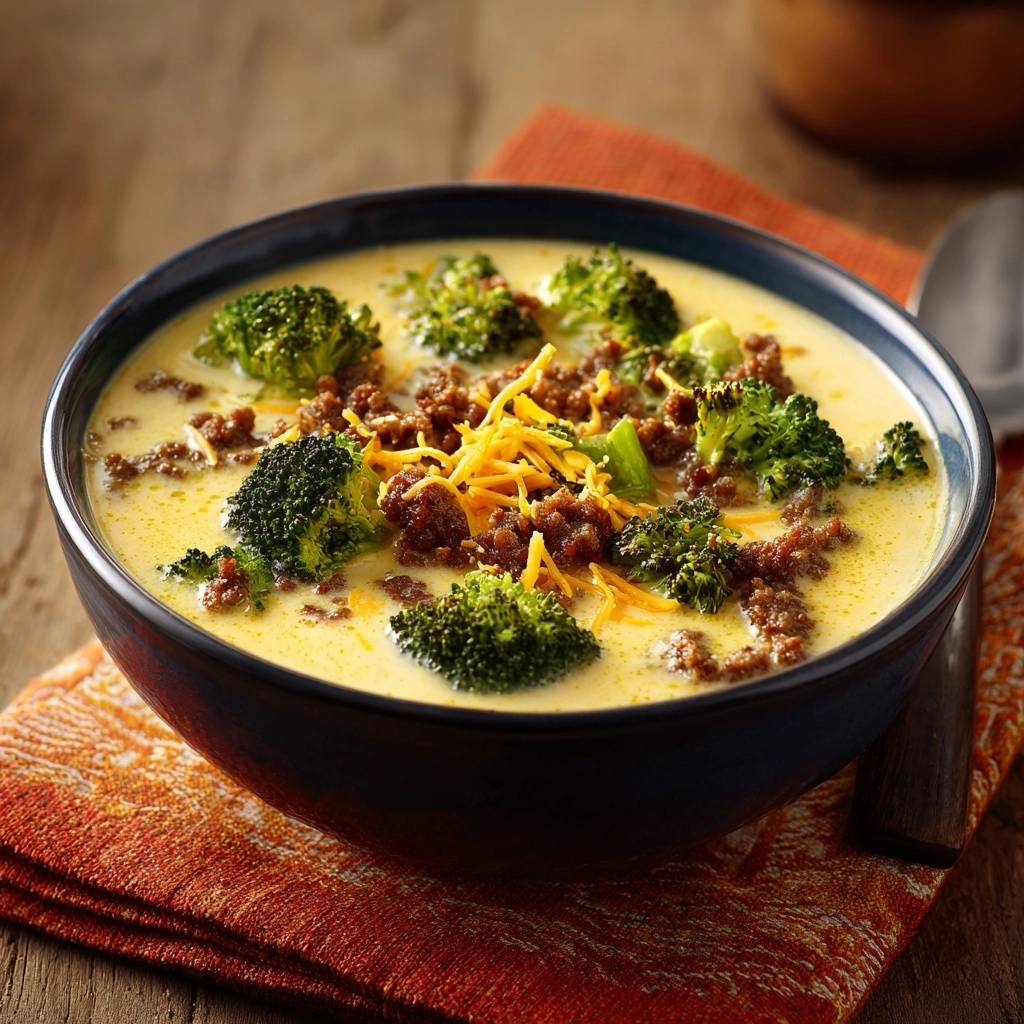 Cremige Brokkoli Kasesuppe Mit Hack Detail Nahaufnahme 1 Cremige Brokkoli-Käsesuppe mit Hack, im Detail nah aufgenommen mit sichtbaren Brokkoliröschen und Käse.