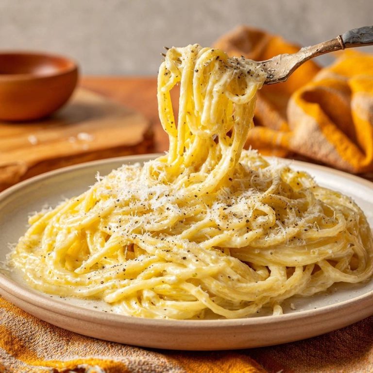 Cremige Cacio e Pepe, eine Gabel hebt eine Portion des Nudelgerichts mit frisch geriebenem Käse und Pfeffer hervor.