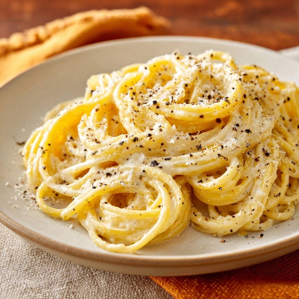 Cremige Cacio E Pepe Nahaufnahme 1 Cremige Cacio e Pepe als Nahaufnahme auf einem Teller mit frisch gemahlenem schwarzen Pfeffer bestreut