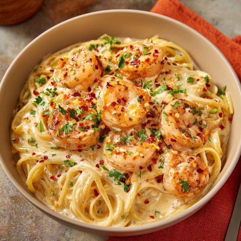 Cremige Chili-Garnelen Pasta in einer Schüssel, nahaufnahme mit Garnelen und Petersilie garniert