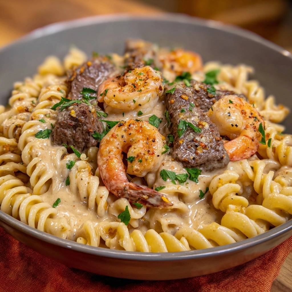 Cremige Fusilli mit Garnelen und Rindfleisch, eine Nahaufnahme der Spiralnudeln mit cremiger Sauce und Fleischstücken.
