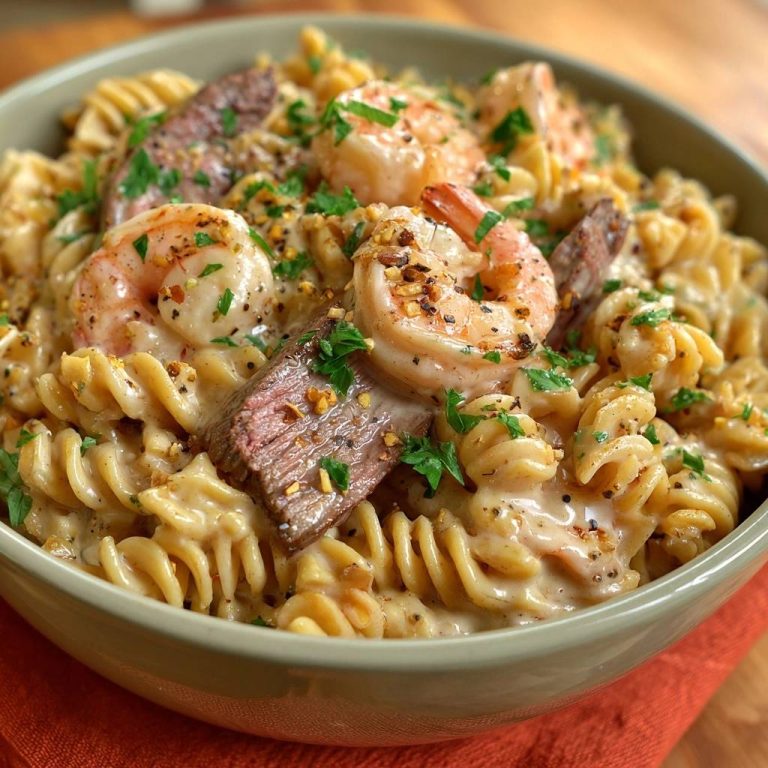 Cremige Fusilli mit Garnelen und Rindfleisch, eine Nahaufnahme, die die Textur der Pasta und die herzhaften Beläge zeigt.