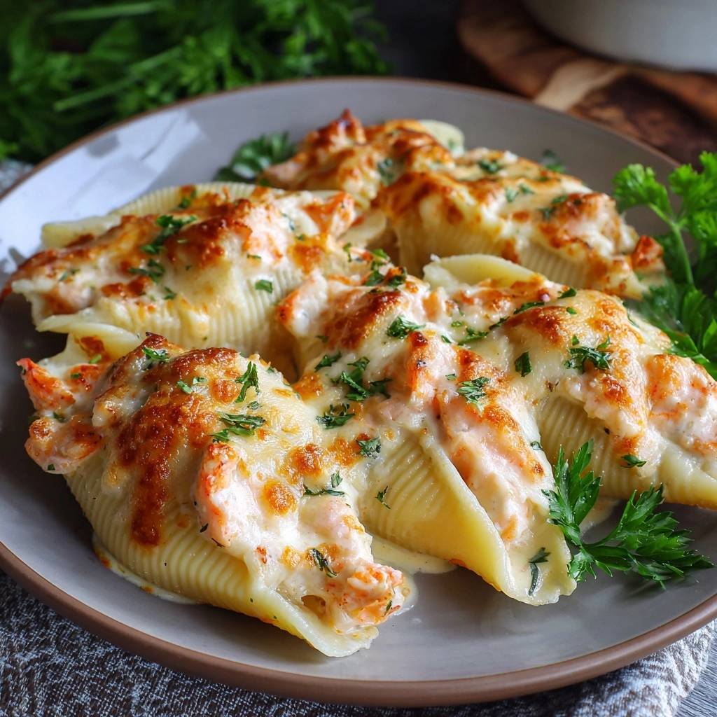 Cremige Garnelen Conchiglie Nahaufnahme Teller 1 Cremige Garnelen-Conchiglie, auf einem Teller serviert und mit frischer Petersilie garniert, Nahaufnahme