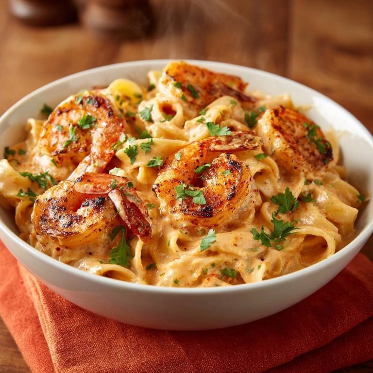 Cremige Garnelen-Fettuccine als Nahaufnahme mit aufsteigendem Dampf und frischer Petersilie garniert.