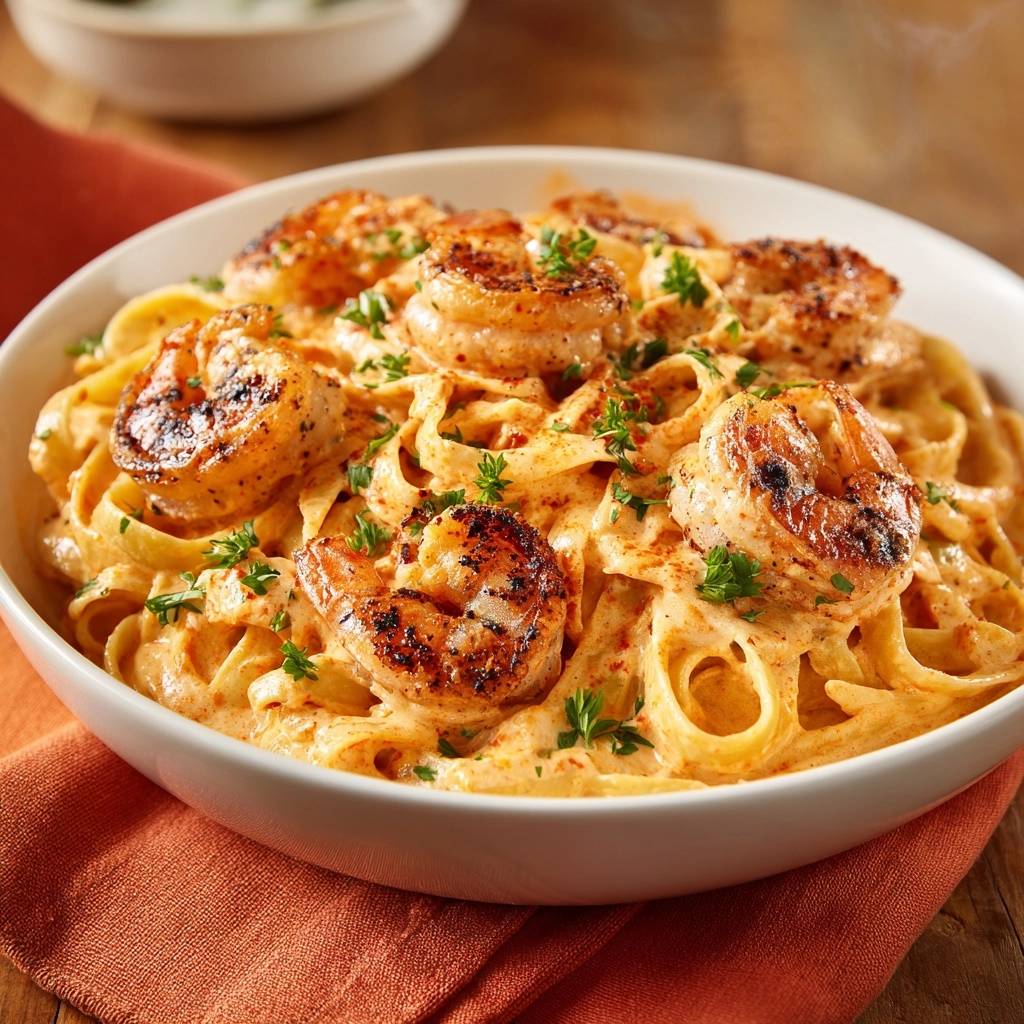 Cremige Garnelen-Fettuccine mit saftigen Garnelen, garniert mit frischer Petersilie in einer weißen Schüssel.