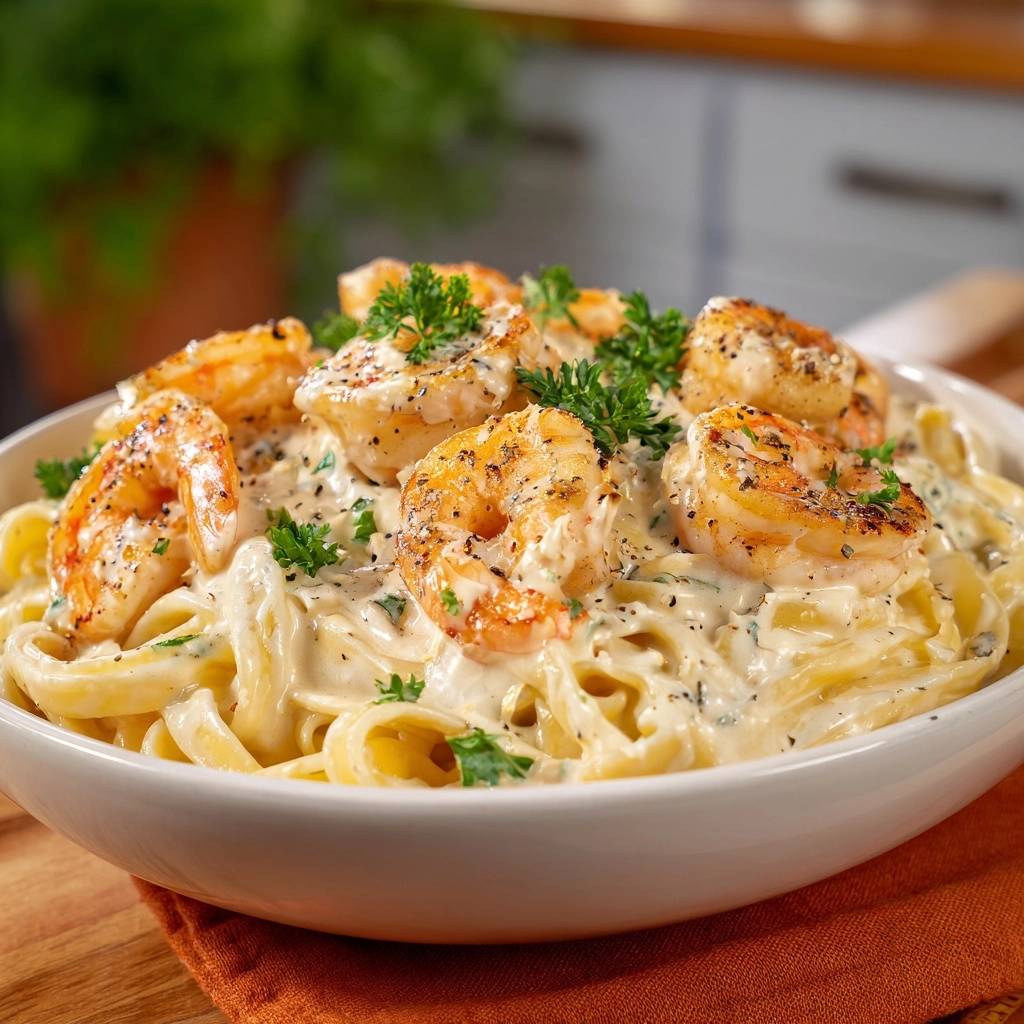 Cremige Garnelen-Linguine mit saftigen Garnelen und frischer Petersilie garniert auf einem Holztisch.