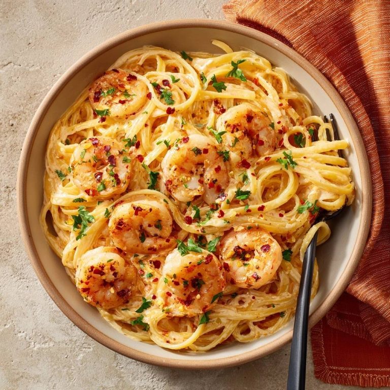 Cremige Chili-Garnelen-Spaghetti von oben mit Garnelen und Petersilie garniert in einer Schüssel serviert