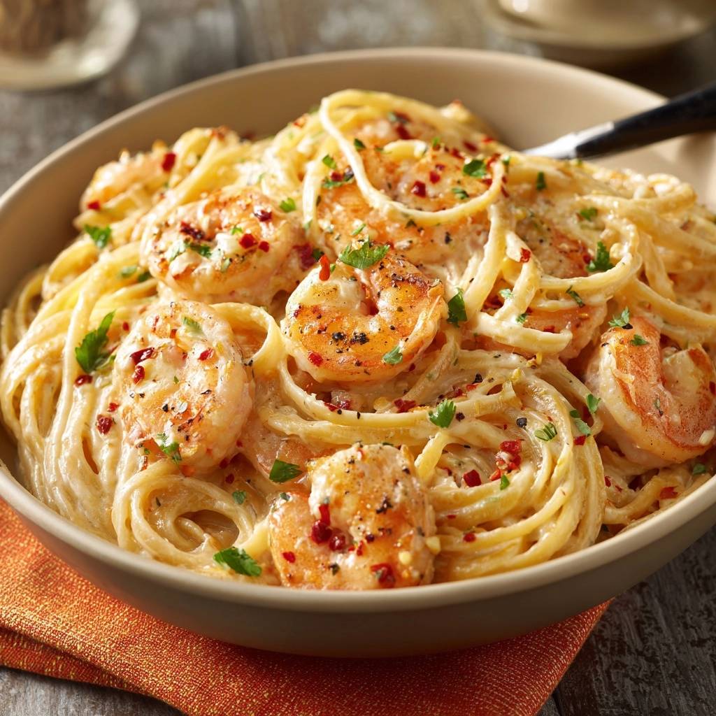 Cremige Chili-Garnelen-Spaghetti mit frischer Petersilie, Nahaufnahme der cremigen Sauce und saftigen Garnelen.