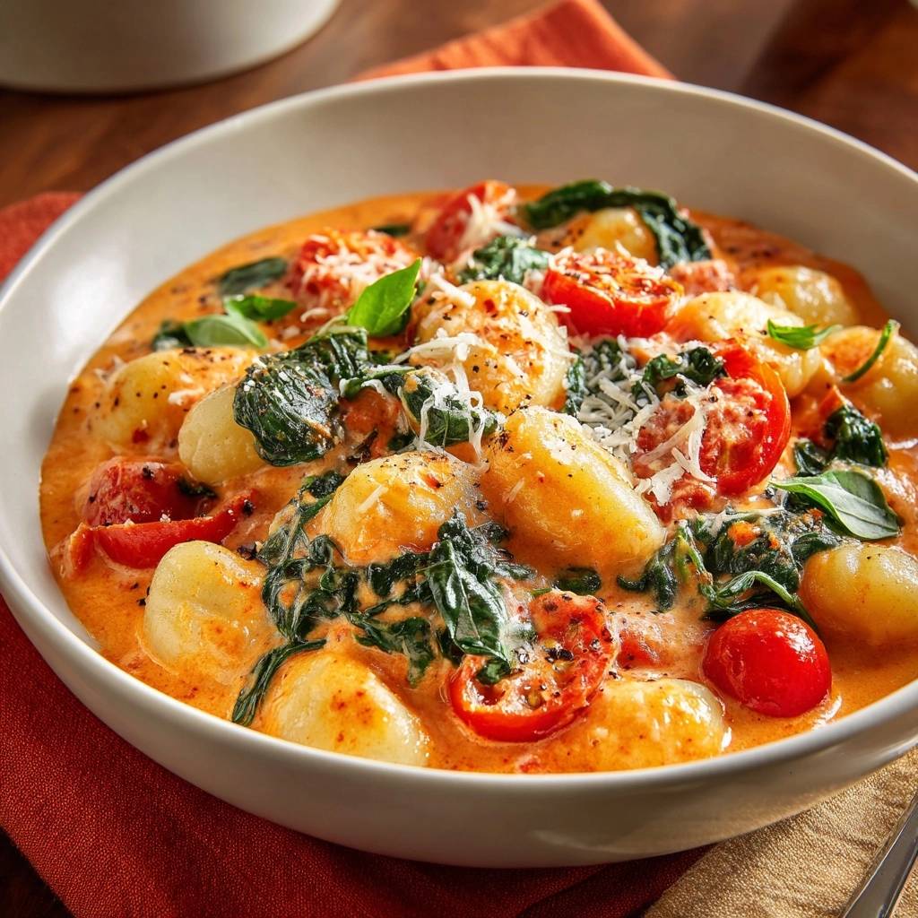Cremige Gnocchi Mit Spinat Detail 1 Cremige Gnocchi mit Spinat und Tomaten, serviert in einer Schüssel mit Nahaufnahme der Textur und Zutaten.