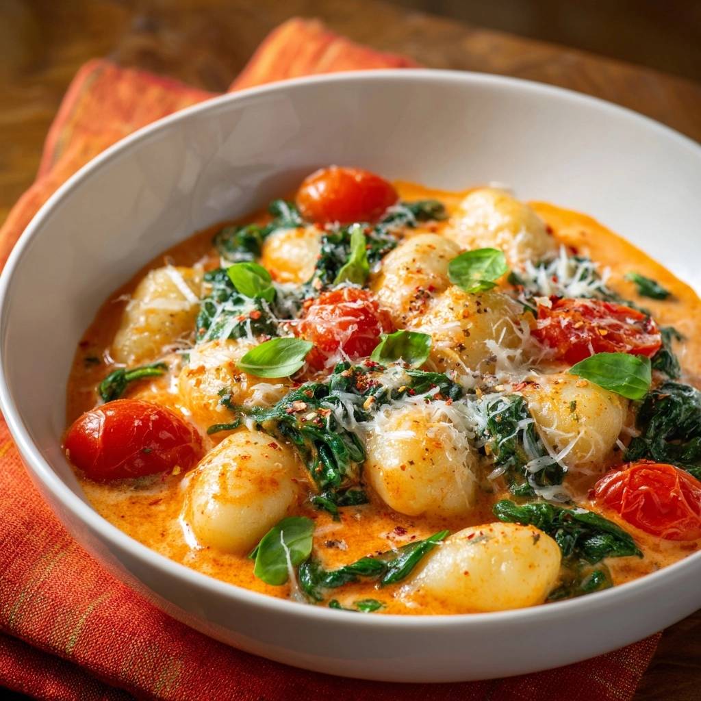 Cremige Gnocchi mit Spinat und Tomaten, nahaufnahme der fluffigen Gnocchi in cremiger Sauce mit frischem Basilikum.