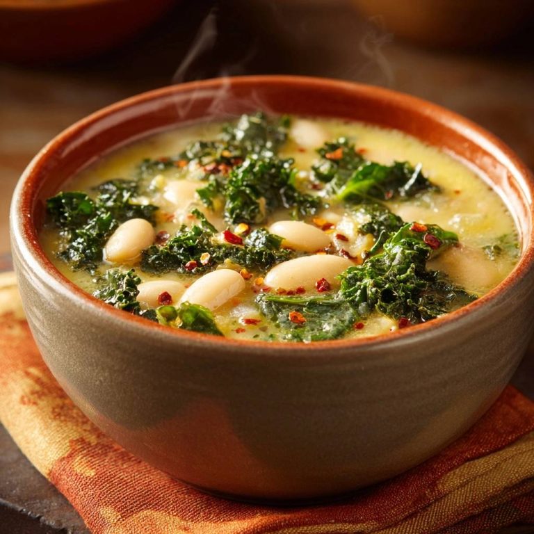 Cremige Grünkohl-Bohnensuppe heiß in einer braunen Schüssel mit Dampf, garniert mit roten Chiliflocken.