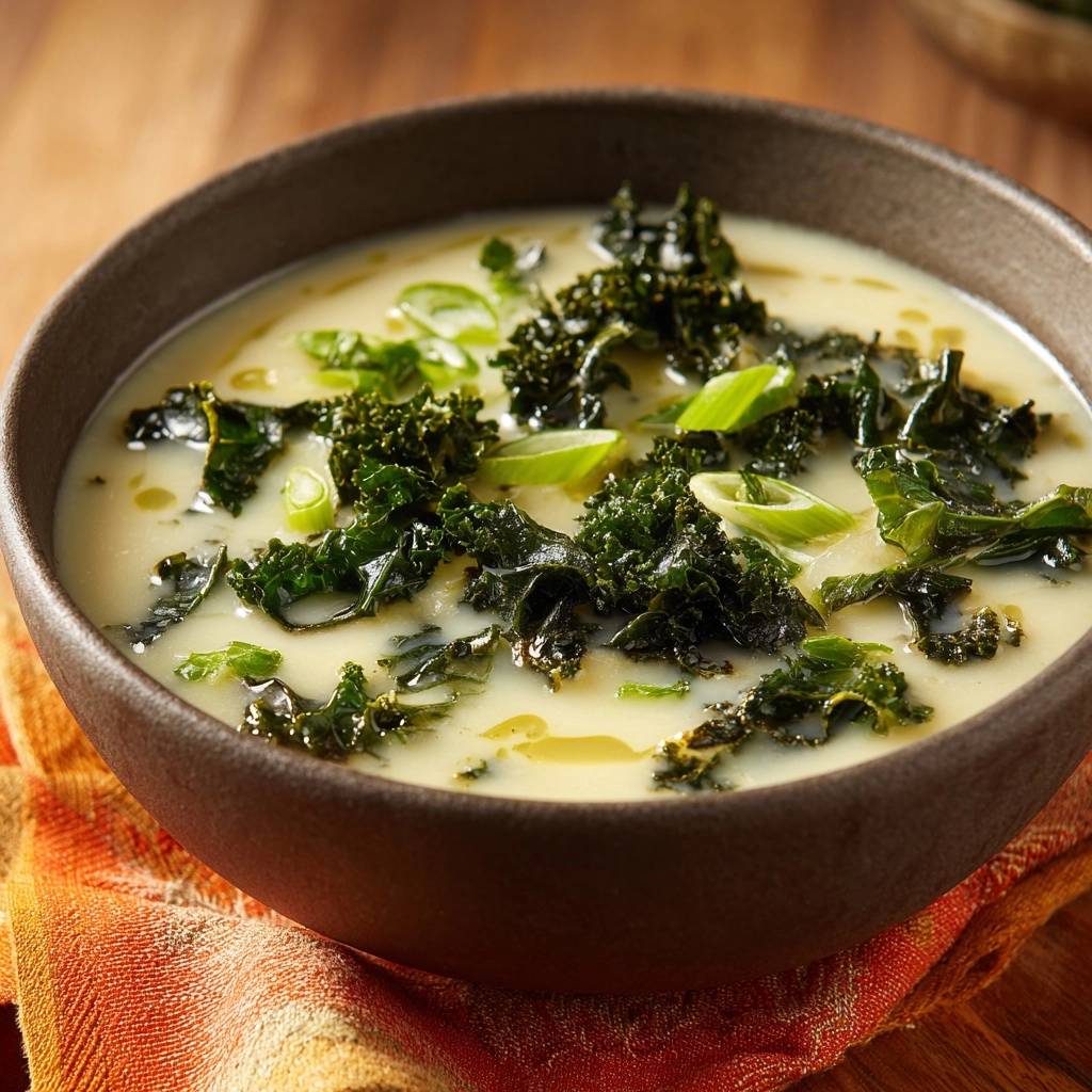 Cremige Grünkohlsuppe mit knusprigem Grünkohl und Frühlingszwiebeln als Garnitur in einer Schüssel.