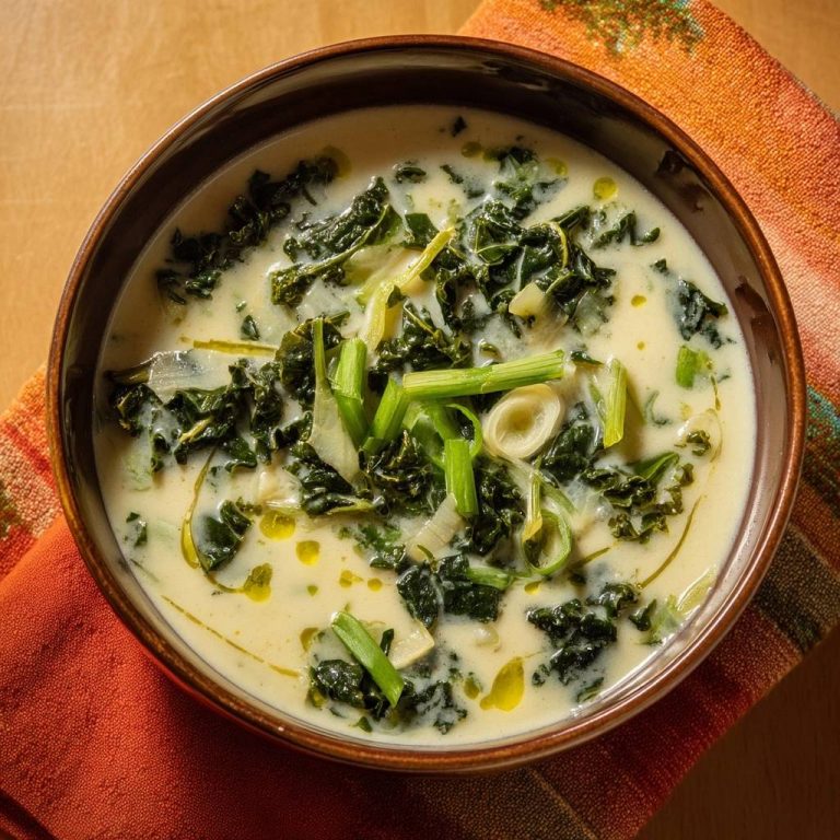 Cremige Grünkohlsuppe, eine Nahaufnahme der Suppe in einer braunen Schüssel, mit frischem Grünkohl und Öl-Tröpfchen.