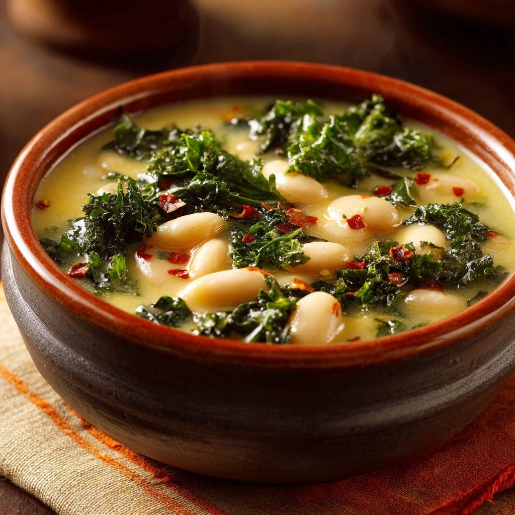 Cremige Grunkohl Bohnensuppe Detail 1 Cremige Grünkohl-Bohnensuppe mit roten Chiliflocken, Nahaufnahme der Textur und Zutaten in einer braunen Schüssel.