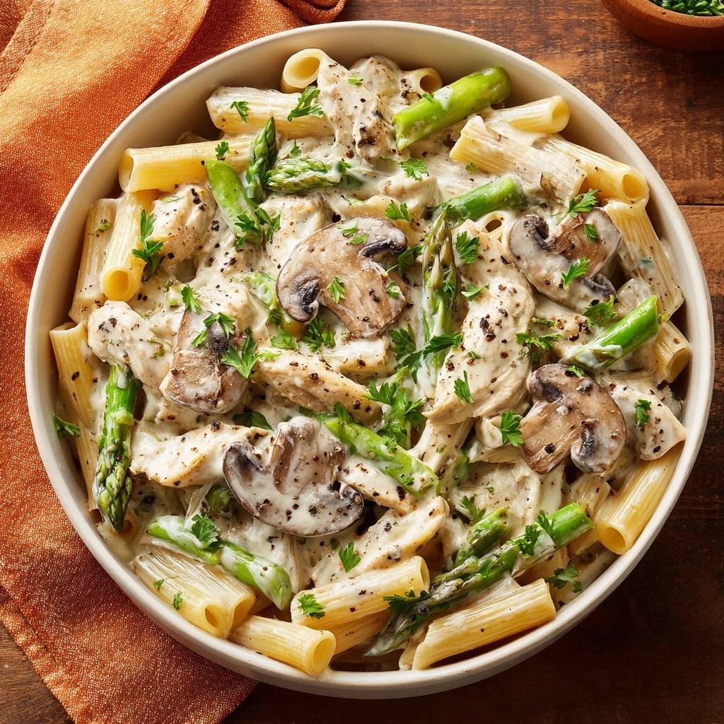Cremige Hähnchen-Spargel-Pasta mit Pilzen in einer Schüssel von oben mit frischer Petersilie garniert.