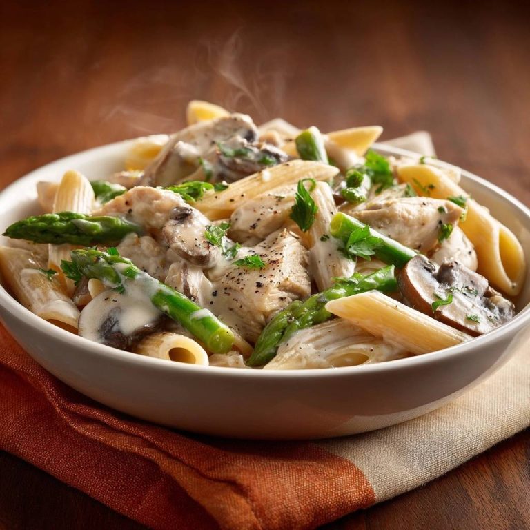 Cremige Hähnchen-Spargel-Pasta mit Pilzen, eine dampfende Nahaufnahme mit detaillierter Ansicht der cremigen Sauce und Zutaten.