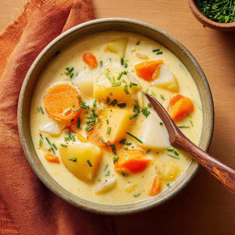 Cremige Kartoffel-Karotten-Suppe als Nahaufnahme mit frischer Schnittlauch-Garnitur im rustikalen Keramikschälchen.