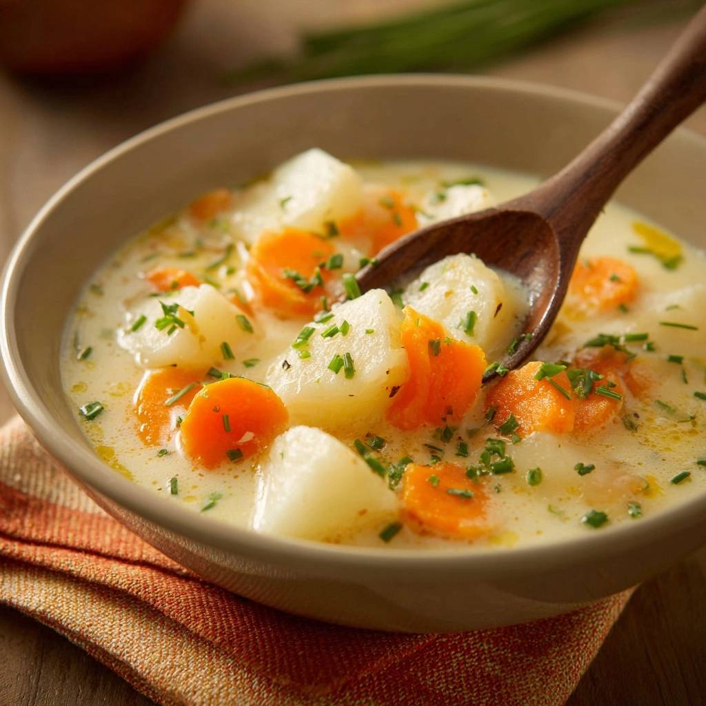 Cremige Kartoffel-Karotten-Suppe mit einem Holzlöffel, der eine Portion aus dem Teller hebt, garniert mit Schnittlauch.