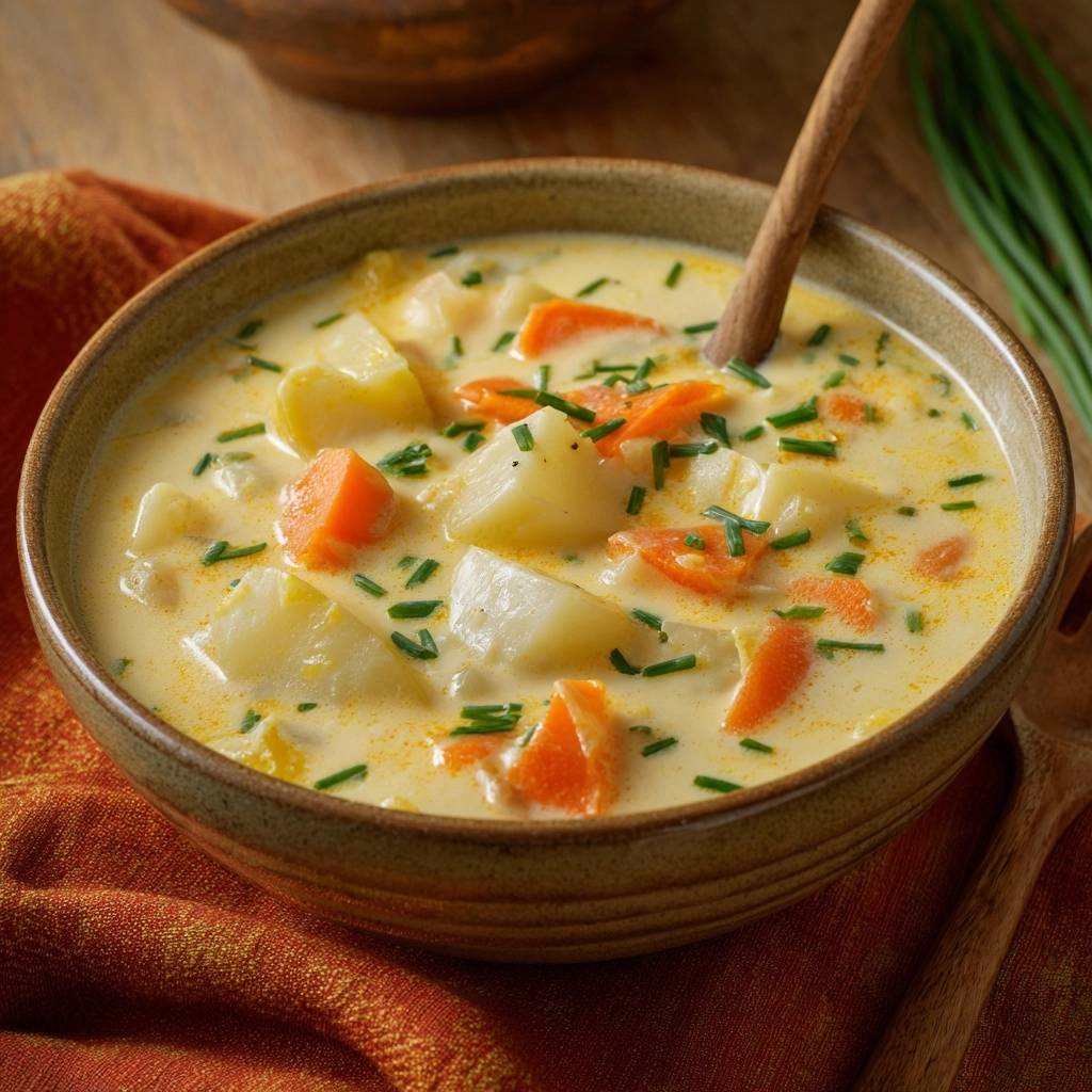 Cremige Kartoffel-Karotten-Suppe als Nahaufnahme mit Kartoffelstücken und Karotten, garniert mit Schnittlauch.