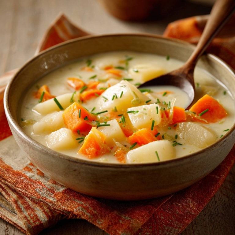 Cremige Kartoffel-Karotten-Suppe als Nahaufnahme mit einem Holzlöffel, der in die stückige Gemüsesuppe eintaucht.