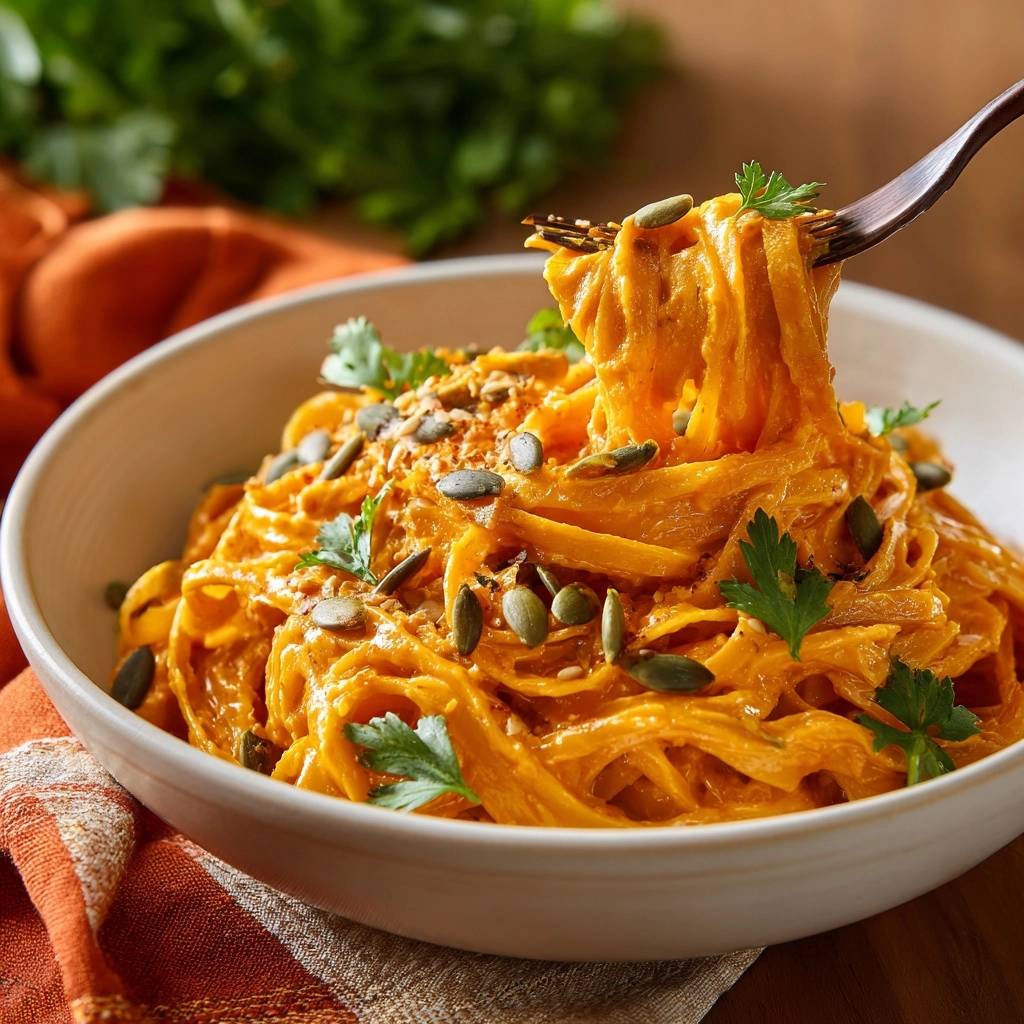 Cremige Kürbisspaghetti mit Kürbiskernen, detailnah mit einer Gabel aus der Schüssel gehoben, garniert mit Petersilie.