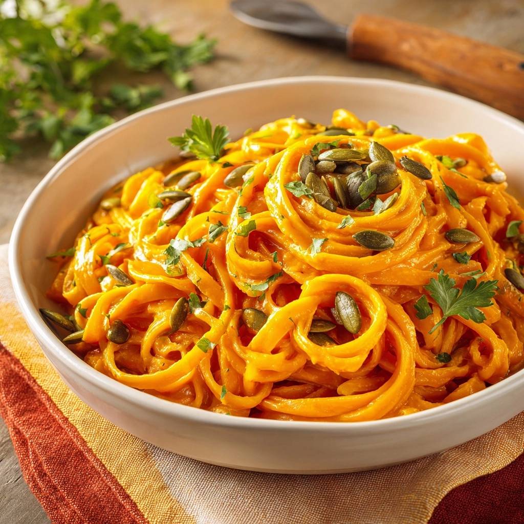 Cremige Kürbisspaghetti mit Kürbiskernen, garniert mit frischer Petersilie und Kürbiskernen im Detail.