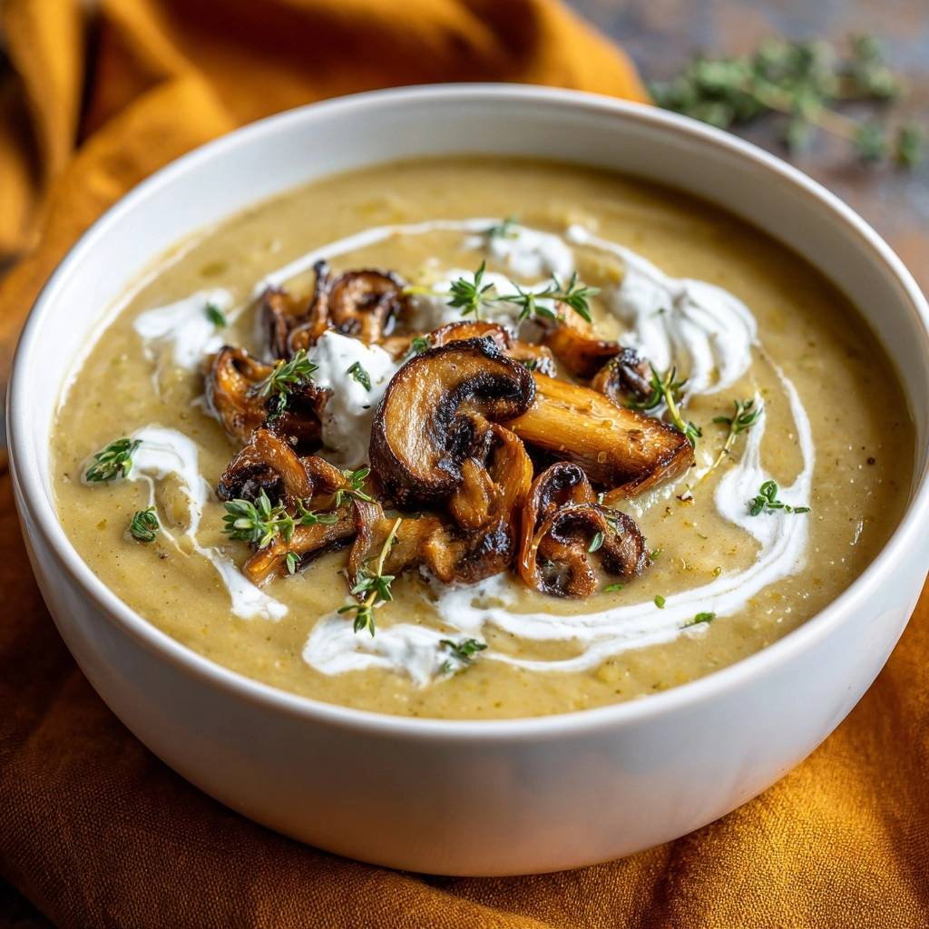 Cremige Pilz Kartoffelsuppe Garniert 1 Cremige Pilz-Kartoffelsuppe mit gebratenen Pilzen und einem Klecks frischer Sahne, garniert mit Thymian.