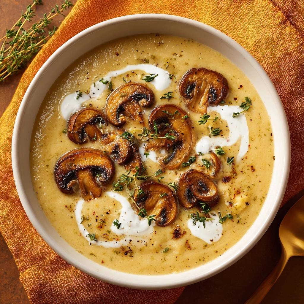 Cremige Pilz-Kartoffelsuppe garniert mit gebratenen Pilzscheiben und einem Klecks Sahne, verfeinert mit frischen Kräutern.