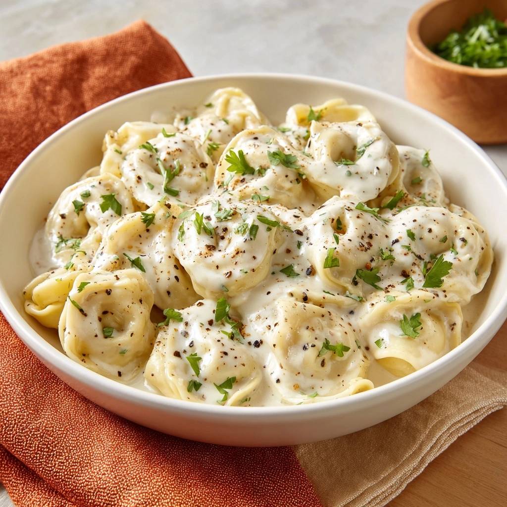 Cremige Ravioli in Parmesan-Sahnesoße, eine Nahaufnahme des reichhaltigen Gerichts, garniert mit frischer Petersilie und schwarzem Pfeffer.