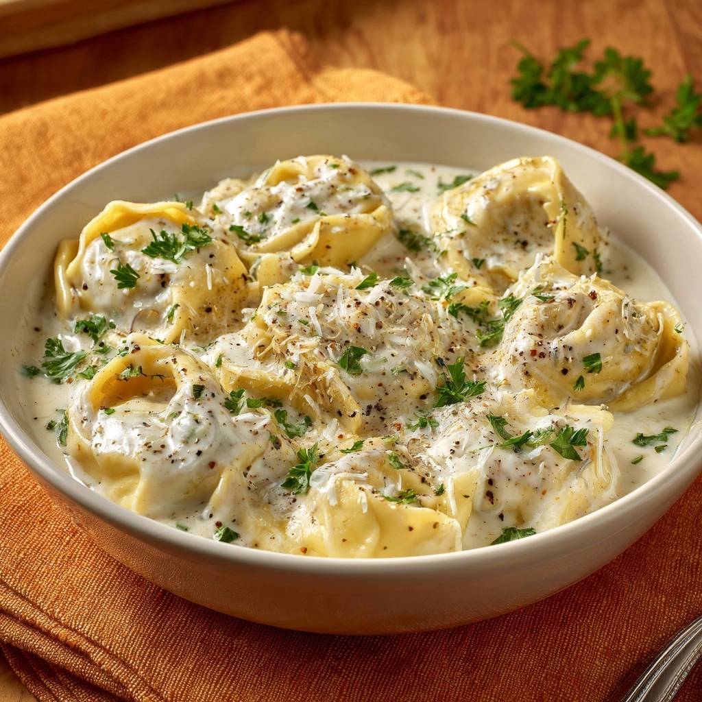 Cremige Ravioli in Parmesan-Sahnesoße, serviert in einer Schüssel und garniert mit frischer Petersilie und geriebenem Parmesan.